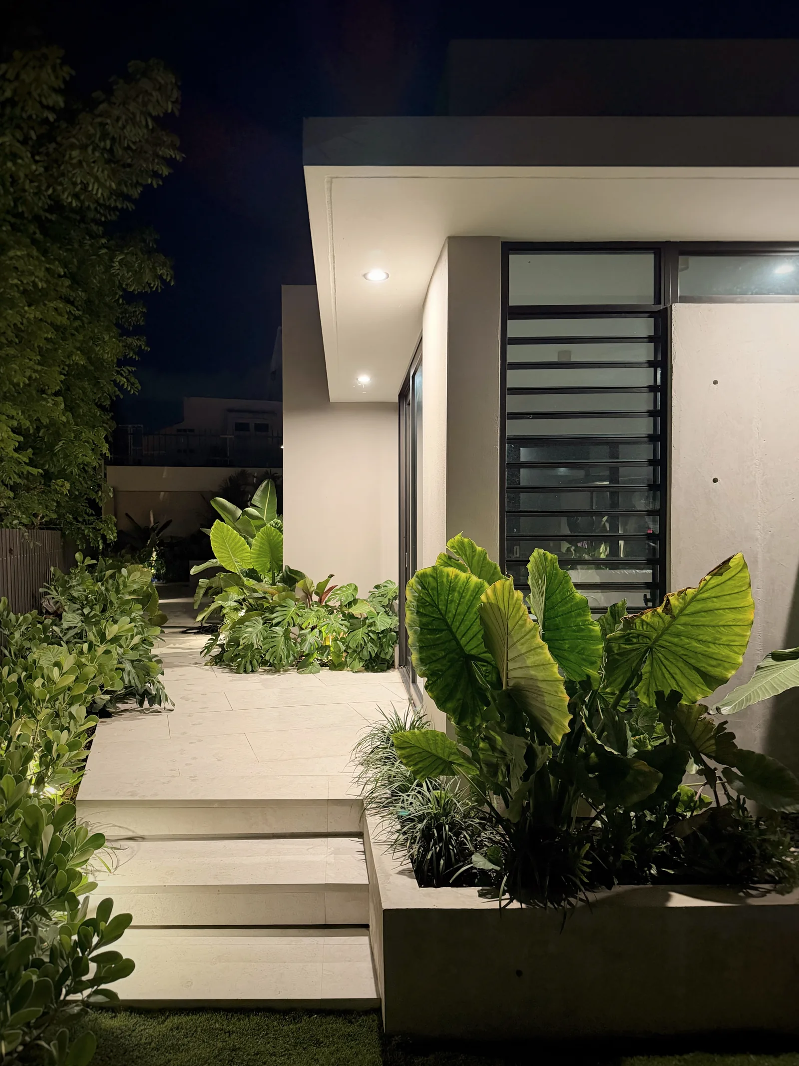 Paseo Real Addition — exterior steps and planters at night
